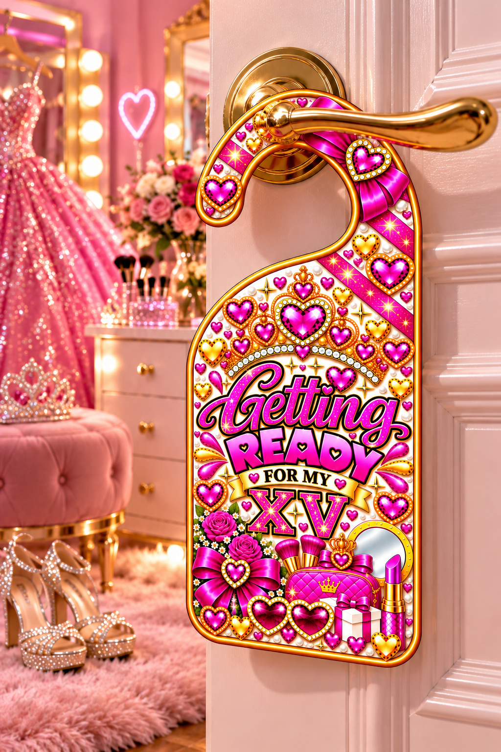 Quinceañera Getting Ready Door Hanger – The Perfect Touch for Your Special Day!