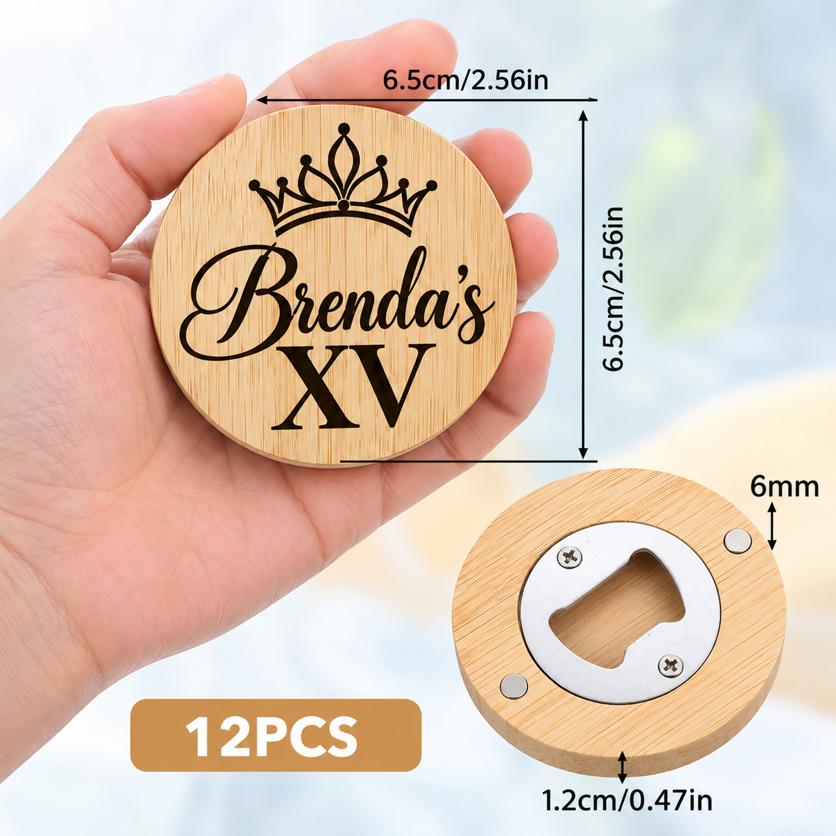 Wedding Personalized Bamboo Bottle Opener; Fridge Magnet – Set of 12