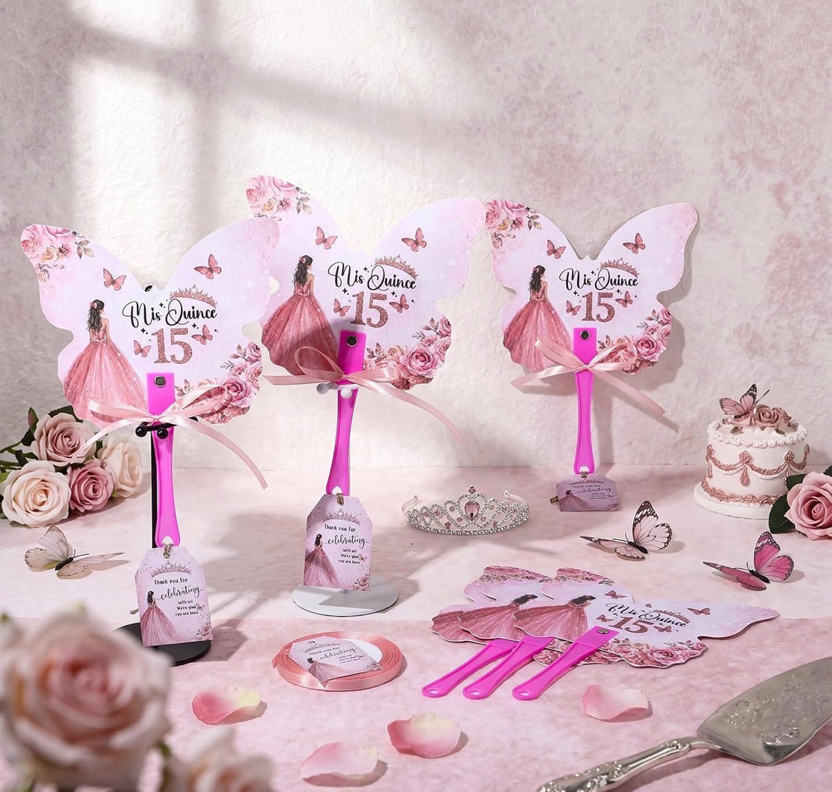 Quinceañera Hand Fans – Set of 12 | Elegant Butterfly Party Favors